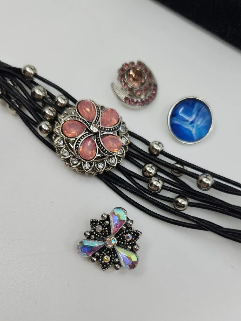 Four (4) Snap Black Cord and Bead Crystal Statement Bracelet - Four Designs